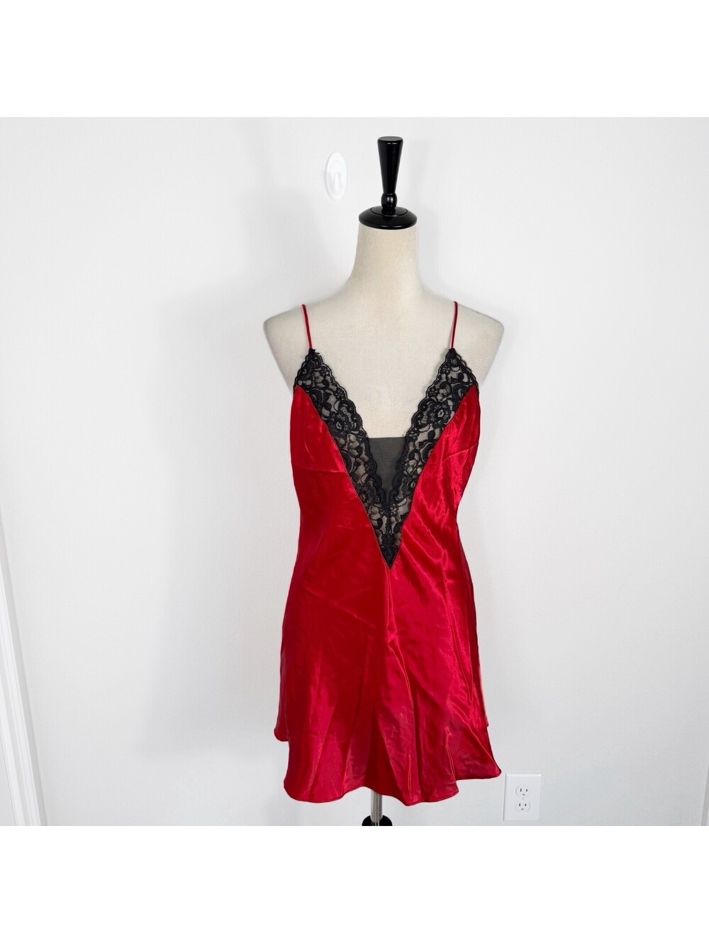 Vintage 90s Fredericks Of Hollywood Red Black Lace Slip Night Gown Goth Medium
